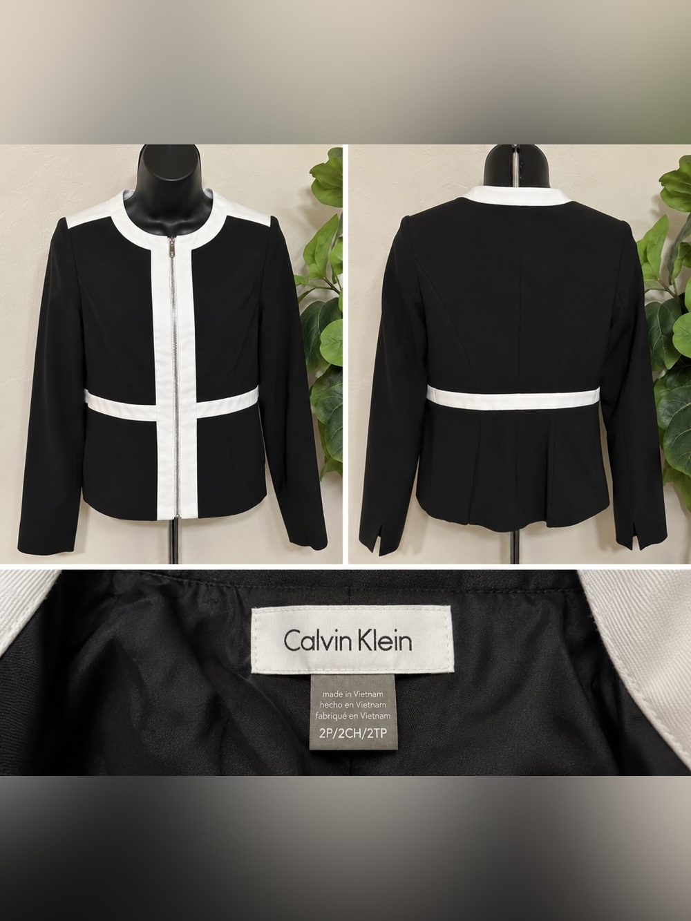 Calvin Klein Black Jacket with White Trim Zip Front